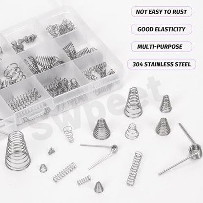 Swpeet 148Pcs 3 Styles Stainless Steel Compression Springs Assortment Kit, 0.3/0,5/0.7/0.8/1 mm Conical Spring Compressed Spring, 0.3/0.4/0.5 mm Compression Springs, 1.5mm-45/90 Degree Torsion Spring - size: N1