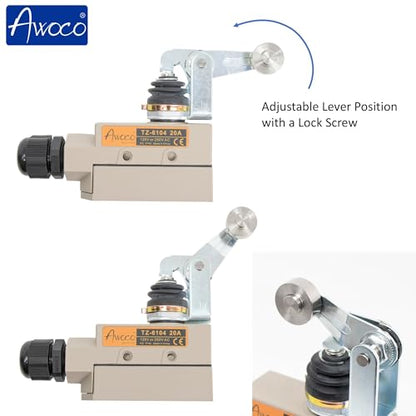 Awoco Heavy Duty Commercial Door Micro Switch with Roller Plunger for Air Curtains, 250V 20A IP 65 Limit Switch Type NO and Type NC (TZ-6104-20A) - style: TZ-6104-20A