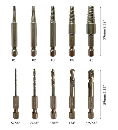 NordWolf 10-Piece M35 Cobalt Stubby Left Hand Drill Bit & Screw Extractor Set, Reverse Twist with 1/4" Hex Shank, SAE Sizes 5/64"-7/64"-5/32"-1/4"-19/64" - size: 5/64" to 19/64" (10 Pcs)