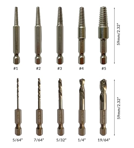 NordWolf 10-Piece M35 Cobalt Stubby Left Hand Drill Bit & Screw Extractor Set, Reverse Twist with 1/4" Hex Shank, SAE Sizes 5/64"-7/64"-5/32"-1/4"-19/64" - size: 5/64" to 19/64" (10 Pcs)