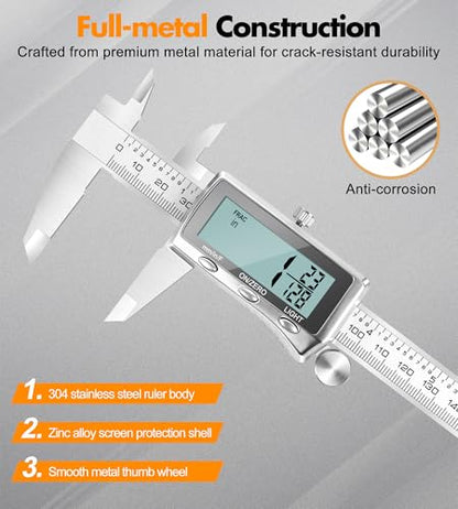 LuxBlue 6" Rechargeable Digital Calipers Measuring Tool with Backlit Screen