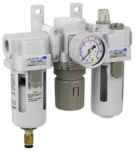 PneumaticPlus SAU300-N03DG Compressed Air Filter Regulator Lubricator Combo 3/8" NPT - Poly Bowl, Auto Drain, Bracket, Gauge