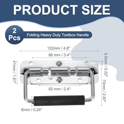 PATIKIL 4.8inch Spring Loaded Handle, 2 Pcs Folding Heavy Duty Toolbox Pull Chest Handles with Rubber Surface Mount Folding Grip for Toolbox Chest Case Crates Storage Boxes, Silver Tone - size: 4.8inch