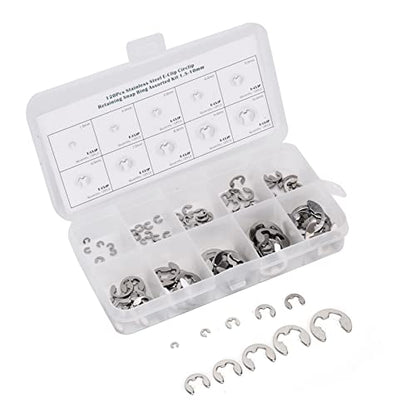 Metric E Clip Assortment, Burr Free External Retaining Rings Fastener Kit for Shaft Repair 304 Stainless Steel Silver 1.5mm to 10mm 120 Pieces