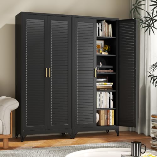 75" Metal Pantry Cabinet,Kitchen Storage Cabinet with Shelves - color: Black, size: 75"H-Louvered