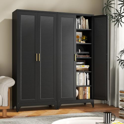 75" Metal Pantry Cabinet,Kitchen Storage Cabinet with Shelves - color: Black, size: 75"H-Louvered