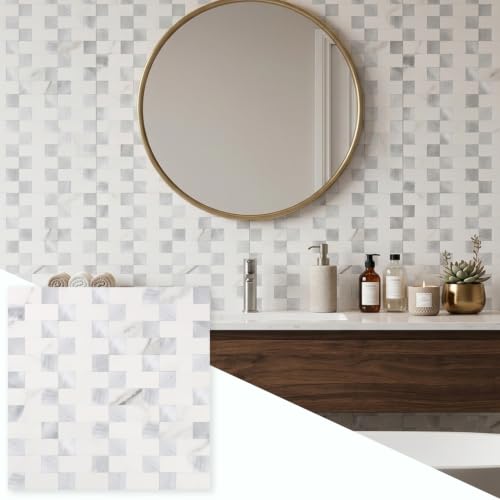 Yipscazo Peel and Stick Backsplash Tile, Stick on Stainless Steel Backsplash Metal Tiles for Kitchen Walls in Marble White Mixed Silver Metal (12''x12'',10 Sheets) - color: Marble White mixed Silver Metal