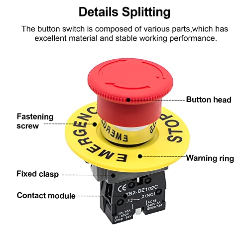 1Pack Red Mushroom Head Emergency Stop Push Button Switch Press - style: Red Mushroom Head Emergency Stop Switch 1NC