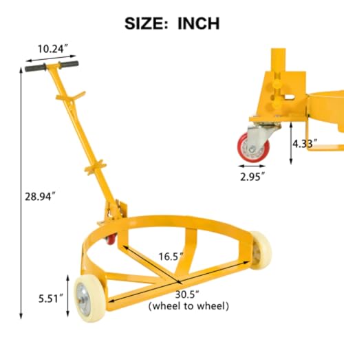 55 Gallon Drum Dolly, 1200 lbs Load Capacity, Adjustable Handle Barrel Dolly Cart with One 360° Swivel Lockable Wheel, Low Profile Steel Oil Drum Caddy for Warehouse, Workshop, Factory, Dump Station