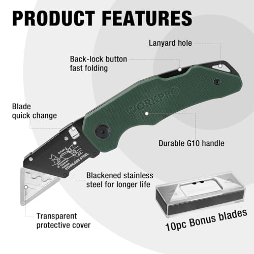 WORKPRO Folding Utility Knife G10 Handle with Stainless Steel Head, Quick-change Blade & Back Lock, Heavy Duty Box Cutter, 1PC Razor Knife with Extra 10PC SK5 Blades - color: Green G10