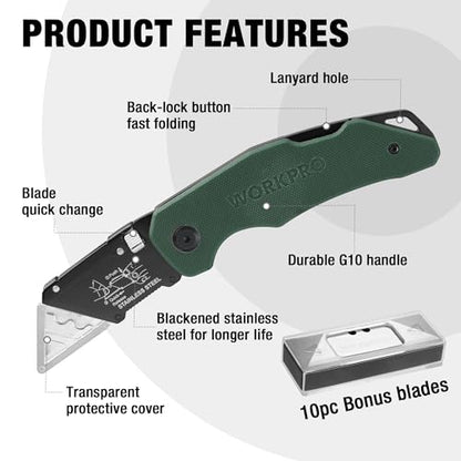 WORKPRO Folding Utility Knife G10 Handle with Stainless Steel Head, Quick-change Blade & Back Lock, Heavy Duty Box Cutter, 1PC Razor Knife with Extra 10PC SK5 Blades - color: Green G10