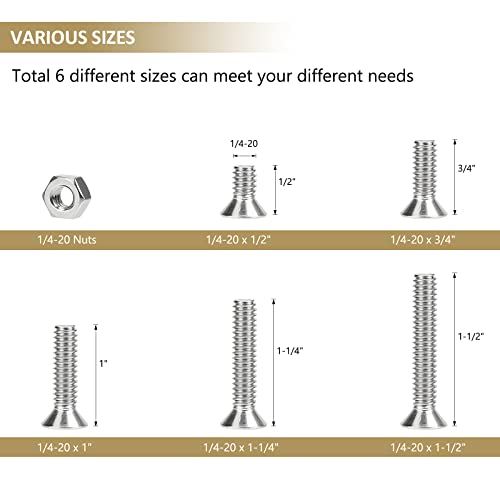 52 Pieces 1/4-20x 1/2", 3/4", 1", 1-1/4", 1-1/2", Phillips Countersunk Head Machine Screws Nuts Assortment Kit, 304 Stainless Steel, Fully Machine Thread - size: 1/4"-20