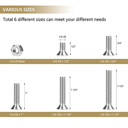 52 Pieces 1/4-20x 1/2", 3/4", 1", 1-1/4", 1-1/2", Phillips Countersunk Head Machine Screws Nuts Assortment Kit, 304 Stainless Steel, Fully Machine Thread - size: 1/4"-20