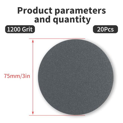 20 Pcs 3 Inch 1200 Grits No Hole Hook and Loop Sanding Discs, Silicon Carbide Wet Dry Flocking Sandpaper for Random Orbital Sander, Wood, Car, Metal, Plastic, Paint Polishing - style: 1200 Grit
