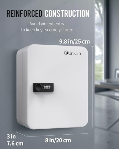 Uniclife 28-Key Steel Key Cabinet with Combination Lock Wall Mounted Key Organizer with Resettable Code White Digital Security Box with Hooks and Large Key Tag Labels Identifiers in 5 Assorted Colors - color: White, size: 28 Keys