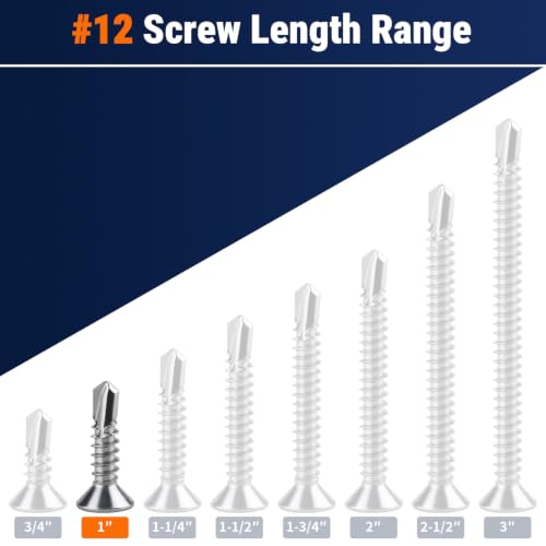 #12 x 1 Phillips Flat Head Sheet Metal Screws, Stainless Steel 410 Self Drilling Screws for Metal, Countersunk Head, Phillips Drive, Self Tapping, 50 Pack - size: #12 x 1"