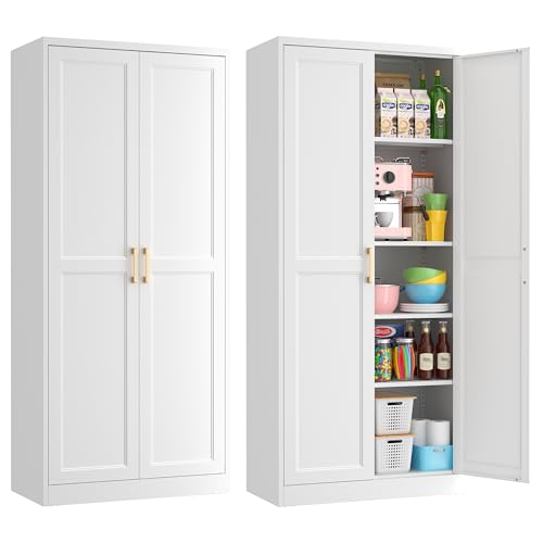 71" Tall Metal Kitchen Pantry Cabinet, Storage Cabinet with Doors - color: White, size: 71"H-Square