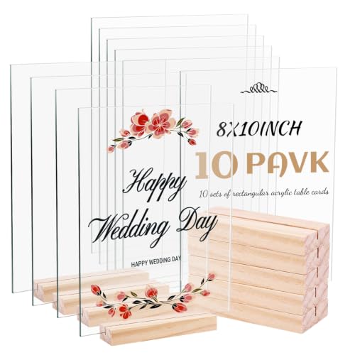 Bercoor 10 Pack 8x10 Inch Blank Clear Acrylic Sign with Wooden Stands, Rectangle Top Acrylic Sheet, DIY Acrylic Rectangle Table Numbers for DIY Name Card Gifts Event Party Sign Decoration - size: 8x10 rectangle