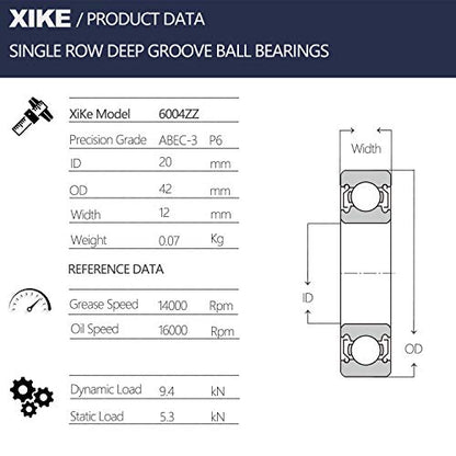 XIKE 6004ZZ Shielded Deep Groove Ball Bearings, 20x42x12 mm, 2-Pack - size: 6004ZZ - 20x42x12 mm