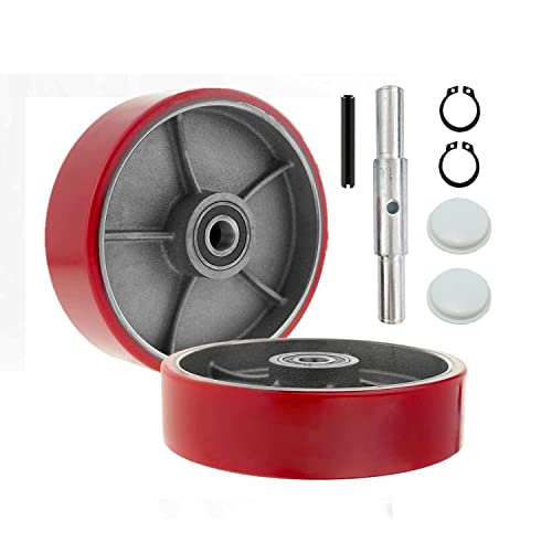 Pallet Jack/Truck Steering Wheels Set with Axle, Fasteners and Protective Caps (2 pcs) 7" x 2" with Bearings ID 20mm Poly Tread Red - size: 7"x2"
