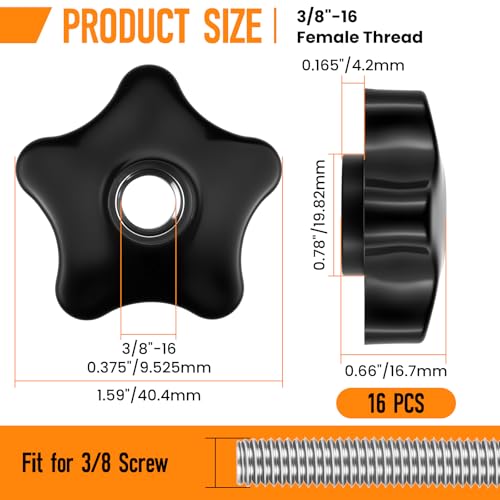 Aifeier ET 16Pcs 3/8"-16 Female Thread Knob | Black Nylon Hexagon Head Thru Clamping Nuts | 5-Star Shape Hand Tighten Screw-On Knobs (ID 0.375"/9.525mm) - size: 16 pcs 3/8"-16