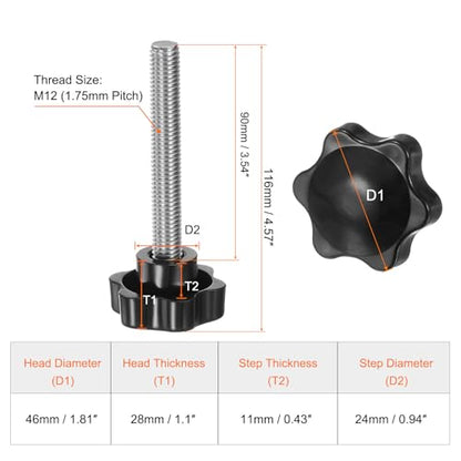 HARFINGTON 4pcs Star Knobs M12 x 90mm 304 Stainless Steel Threaded Stud 46mm Plastic 6-Star Head Hand Tightening Thumb Screw Clamping Jig Knob Handle, Black - size: M12 x 90mm x 46mm