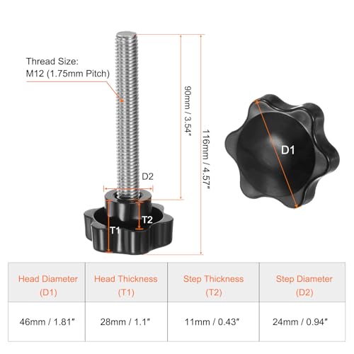 HARFINGTON 4pcs Star Knobs M12 x 90mm 304 Stainless Steel Threaded Stud 46mm Plastic 6-Star Head Hand Tightening Thumb Screw Clamping Jig Knob Handle, Black - size: M12 x 90mm x 46mm