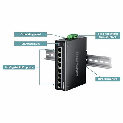 TRENDnet 8-Port Industrial Gigabit PoE+ DIN-Rail Switch, TI-PG80 - style: 8 Port Switch