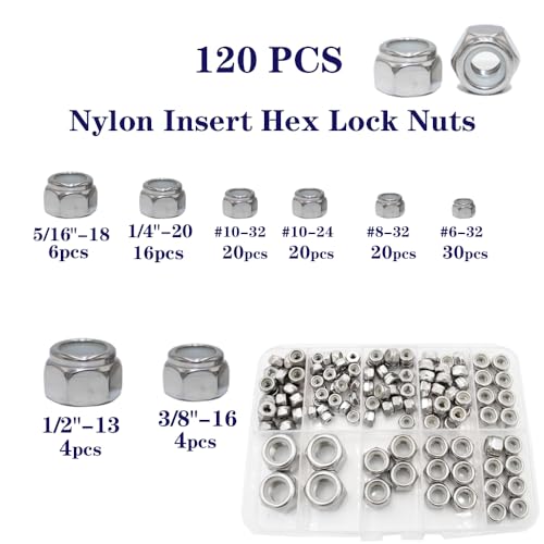 SAE Lock Nut Assortment Kit 120 pcs 304 Stainless Insert Locking Nut - size: 120 pcs Lock Nuts Kit