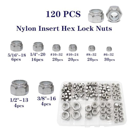 SAE Lock Nut Assortment Kit 120 pcs 304 Stainless Insert Locking Nut - size: 120 pcs Lock Nuts Kit