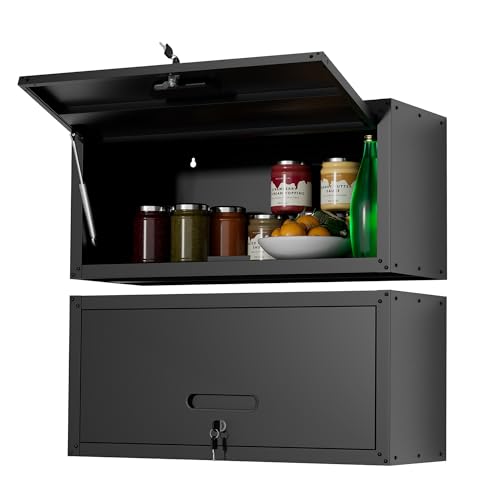 Metal Wall Cabinet,Wall Mounted Garage Cabinets with Lockable Up-Flip Door,Black Hanging Storage Cabinet 130 lbs Capacity,Floating Cabinet for Tool Organization in Basement,Workshop,Kitchen - color: Black, size: Upflip Door