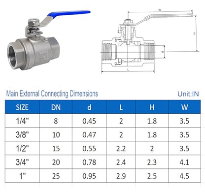 Full Port Ball Valve 1/2" NPT Heavy Duty Stainless Steel 304 For Water,Oil and Gas with Blue Handles（1000WOG） - size: 1/2"NPT, style: pack of 1