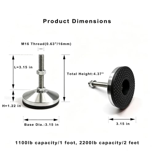 Leveler Feet,2-Pack, Cabinet Leveling Feet Adjustable 3.2" Base,M16 Thread,2000 Lb Capacity Heavy Duty Adjustable Leg Leveler Black Carbon Steel PVC D80xM16x80 - size: D80xM16x80