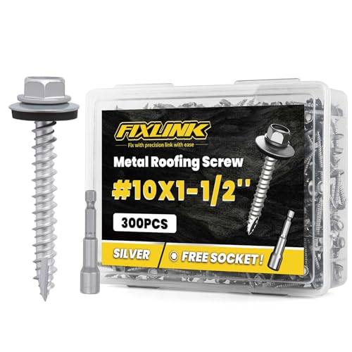 Metal Roofing Screws #10 x 1-1/2", 300 PCS, FIXLINK RUSPERT Hex Head Rubber Washer Sheet Metal Roof Screws Self Tapping Metal to Wood Siding Screws, Hex Socket Included, Silver - color: Silver, size: #10 x 1-1/2"