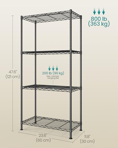 SONGMICS 4-Tier Storage Shelves, Adjustable Wire Shelving Unit, 8 Hooks - color: Ink Black, size: 4 Tiers (11.8"D x 23.6"W)