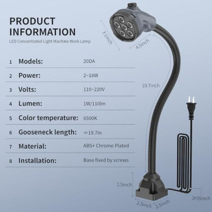 LED Work Light, Dimmable 220–1980 Lumens, Adjustable Machine Lamp 20‑Inch Flexible Gooseneck with Screw‑Mount Base – for Workshop, Lathe, Sewing, Grill, and Industrial Lighting, Gray