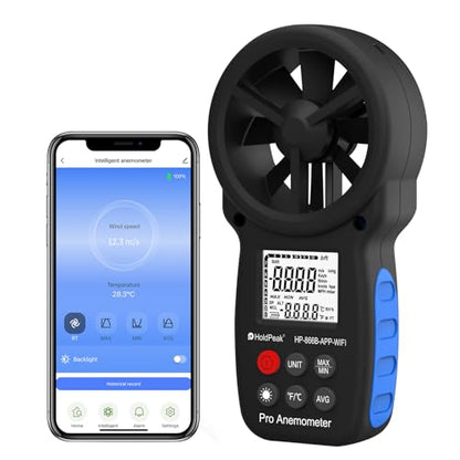 Professional WiFi Anemometer, Smart Wind Speed Meter Gauge with APP, 0.3-40m/s Range, Measures Wind Temp, Max/Min/Avg, Backlight, Ft/min, Knots, Km/h, Mph, (866B-APP-WIFI) - color: 866B-APP-WIFI