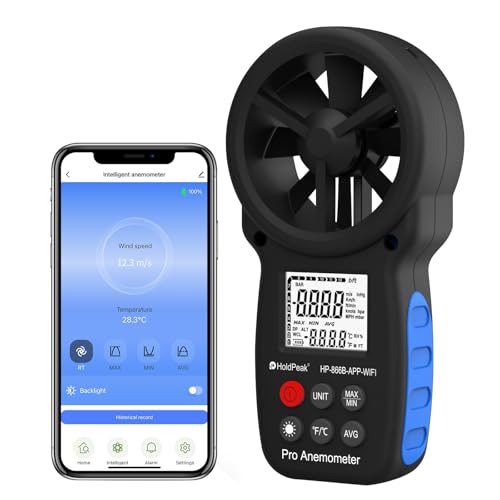 Professional WiFi Anemometer, Smart Wind Speed Meter Gauge with APP, 0.3-40m/s Range, Measures Wind Temp, Max/Min/Avg, Backlight, Ft/min, Knots, Km/h, Mph, (866B-APP-WIFI) - color: 866B-APP-WIFI