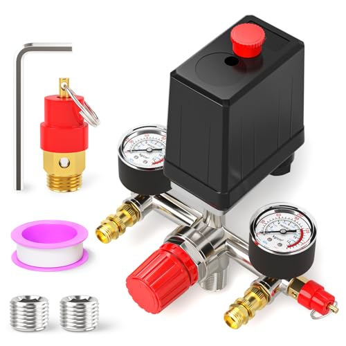 Air Compressor Pressure Switch Control Valve Kit 1 Way, 90-120 PSI, 110V-240V, With 0-180 Pressure gauge & Manifold Regulator - size: 90-120 PSI