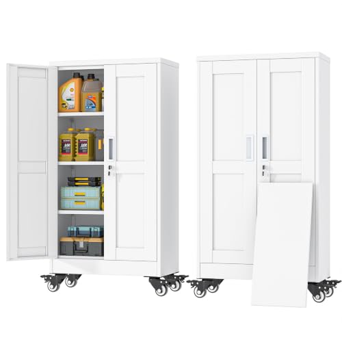 GAIOUS Metal Garage Storage Cabinet with Lock and Wheels, 45.7" Tall Metal Storage Cabinets with Locked Door and 3 Adjustable Shelves, Rolling Tool Cabinet, Utility File Cabinet for Home Office, White - color: White, size: 11.81"D x 23.62"W x 45.67"H