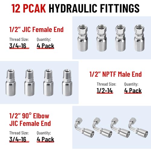 25FT 1/2" Hydraulic Hose with 12PCS Hydraulic Hose Fittings - size: 1/2" Hydraulic Hose - 25FT