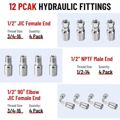 25FT 1/2" Hydraulic Hose with 12PCS Hydraulic Hose Fittings - size: 1/2" Hydraulic Hose - 25FT