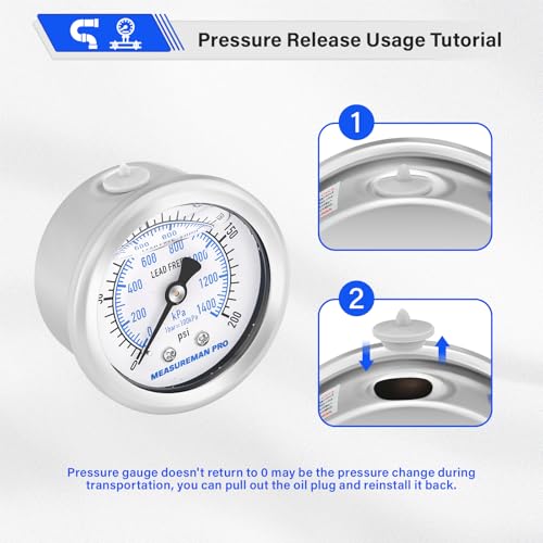 MEASUREMAN PRO 2" Dial Size, Glycerin Filled Pressure Gauge, 0-200psi/kpa, 304 Stainless Steel Case, 1/4" NPT Back Mount,for Air Compressor, Shock, Water System, Well Pump, Tank, Pipe, Pressure Test - size: 2'' (Back Mount), style: 0-200 psi