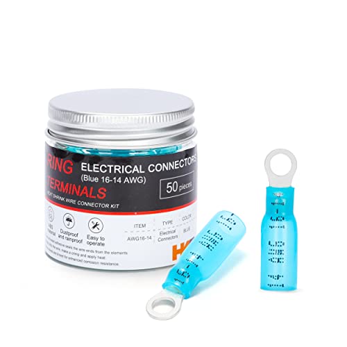 HKS 50 PCS Ring Terminals #8 Blue 16-14 AWG -M4 - Electrical Connectors - Heat Shrink Wire Connector Kit - Tinned Red Copper - Automotive Marine Ring Connectors - Waterproof and Insulated - color: Blue, size: #8 (M4)