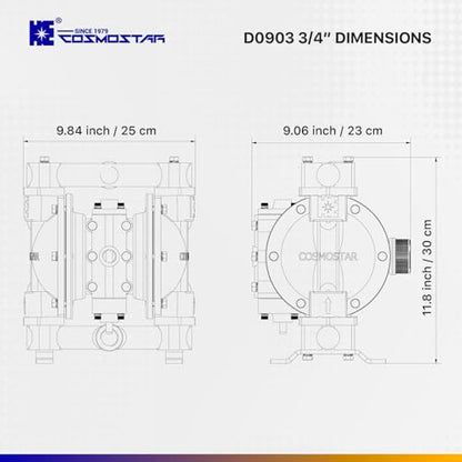 COSMOSTAR D0903 3/4" Double Air Diaphragm Pump, Aluminum Body, Teflon Ball, seat and Diaphragm, Pump Muffler, Pump, Chemical Pump, Waste Oil Pump, Pneumatic Oil Pump, Diaphragm Pumps - size: D0903 3/4" Aluminum