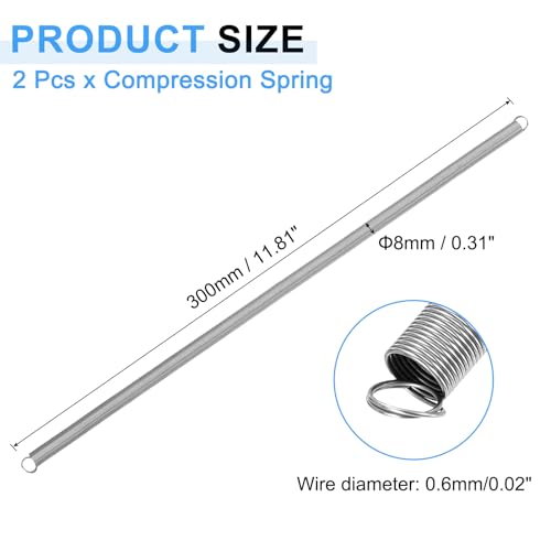 uxcell 2Pcs Extension Springs, 0.6x8x300mm/0.02x0.31x11.81in 304 Stainless Steel Extended Compression Spring Steel Dual Hook Tension Springs for Machinery Construction Home Repairs - size: 0.6x8x300mm