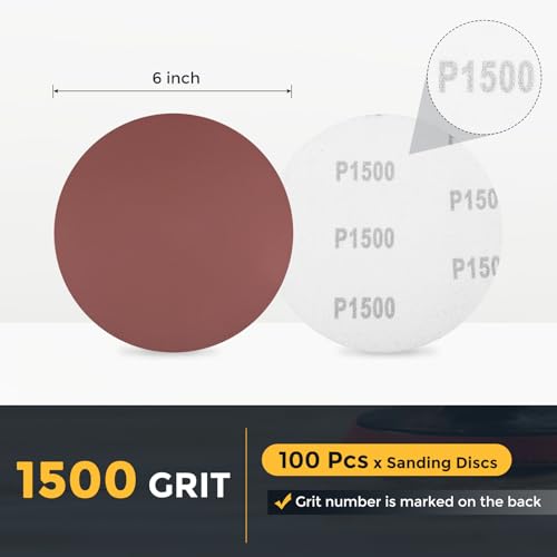 HARFINGTON 100 Pcs 6 Inch Sanding Discs 1500 Grit Red Aluminum Oxide - size: 6 Inch(1500 Grit)