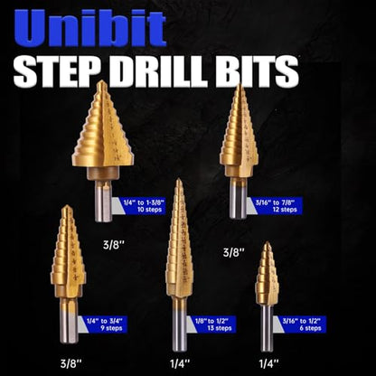 Step Drill Bits, 6PCS (50 Sizes) HSS Step Unibit Drill Bits with Automatic Center Punch, Double Cutting Blades, High-Speed Steel, Multiple Hole Stepped Up Bits for DIY Lovers with Aluminum Case