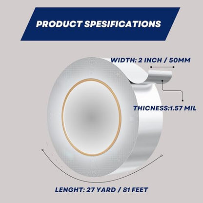 Aluminum Tape - High Temp & Waterproof Foil Tape for Ductwork & Insulation, Strong Adhesive, Heavy Duty Silver Tape, 2" x 27 Yards, Ideal for Sealing & Repairs (1.57 mil) - size: 2"inch*27 yard (1.57 mil)