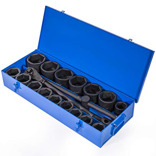 Stark USA 21-Piece 1" Drive SAE Jumbo Impact Socket Set, Heavy Duty Cr-Mo 6-Point Deep Impact Sockets with 24" Ratchet, Extension Bars, Sliding T-Handle & Storage Case